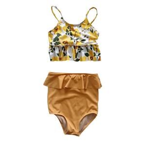 Kortni Jeane Yellow Floral Top + Toasted Brown Bottoms Swim Set Size 6/7